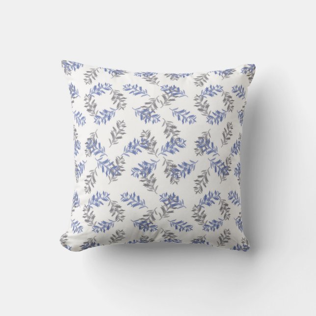 Blue & Gray Botanical Watercolor Pattern Throw Pillow (Front)