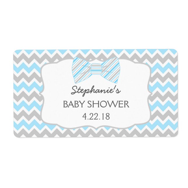 Blue Gray Bow tie baby shower water bottle / favor Label (Front)