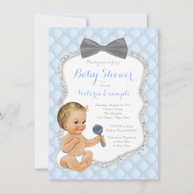 Blue Gray Bow Tie Boy Baby Shower Invitation (Front)