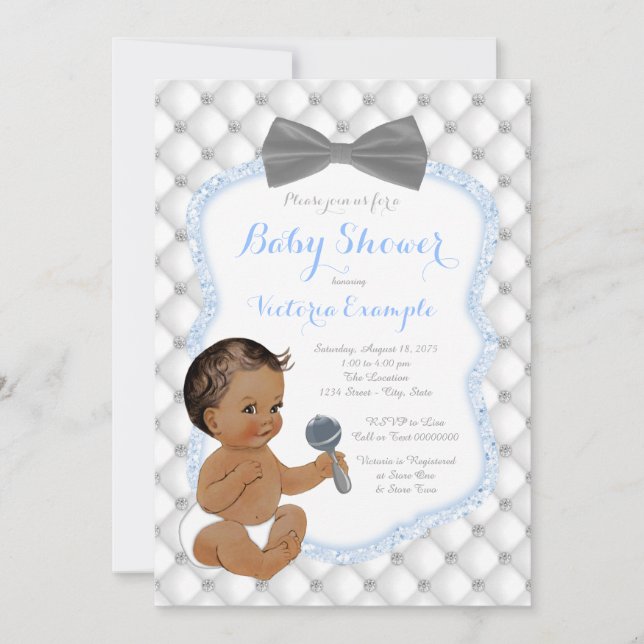 Blue Gray Bow Tie Ethnic Boy Baby Shower Invitation (Front)
