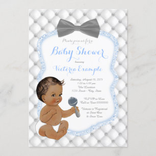 Blue Gray Bow Tie Ethnic Boy Baby Shower Invitation
