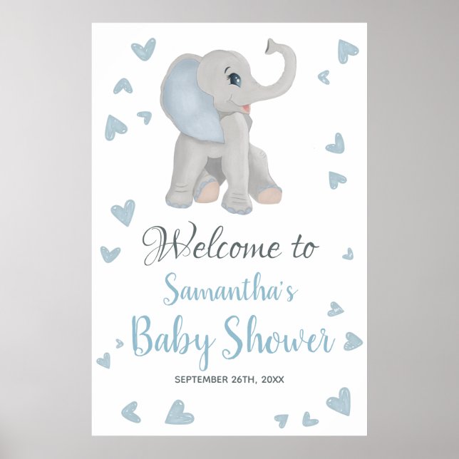 Blue Gray Boy Elephant Baby Shower Welcome Sign (Front)
