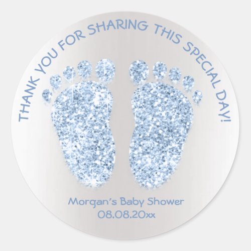Blue Gray Boy Glitter Feet Baby Shower Favor Thank Classic Round Sticker
