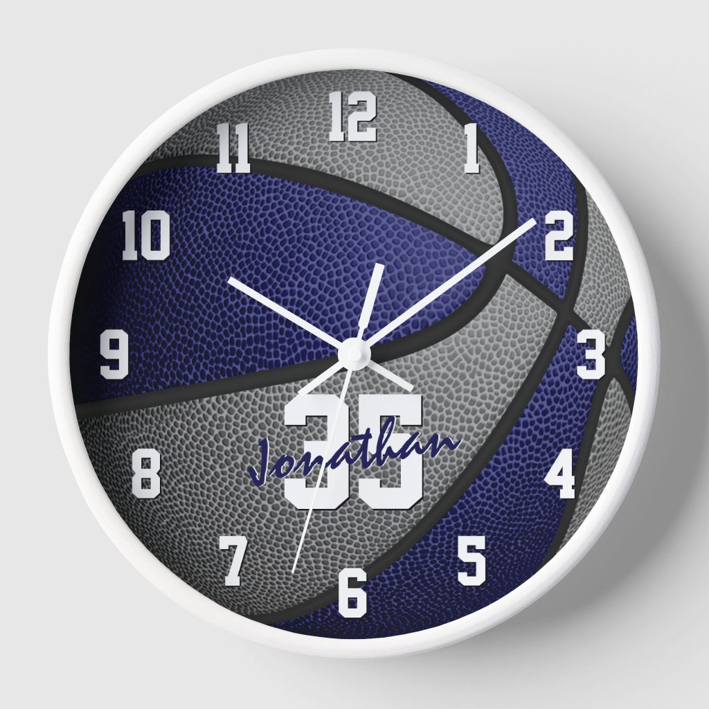 blue gray boys girls basketball personalized round clock
