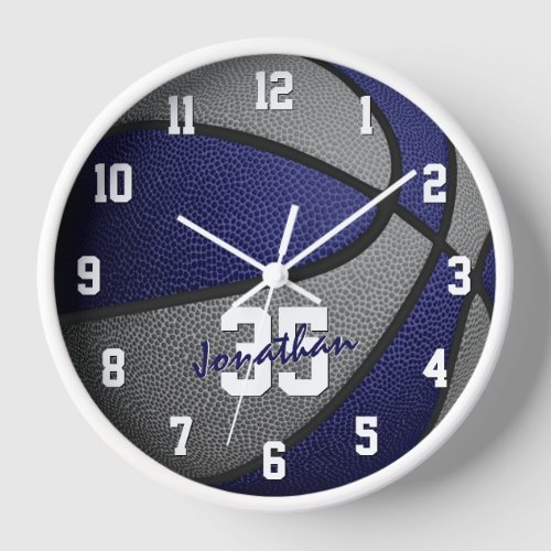 blue gray boys girls basketball personalized clock