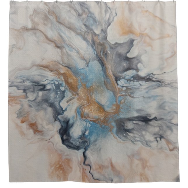 Blue, gray, bronze, cream abstract modern shower curtain (Front)