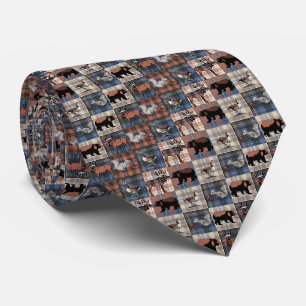 Blue Gray Brown Checks Woodland Animals on Plaid Neck Tie
