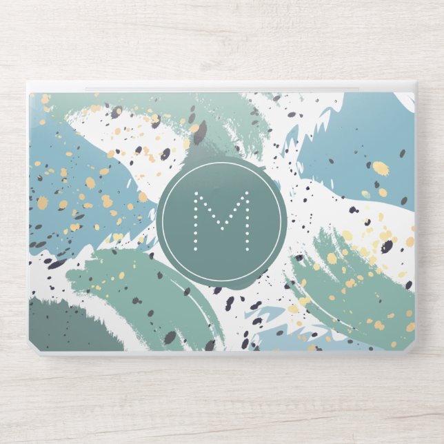 Blue Gray Brush Strokes & Gold Splatters Monogram HP Laptop Skin (Front)