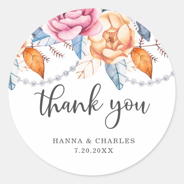 Blue Gray Burnt Orange Floral Thank You Classic Round Sticker (Front)