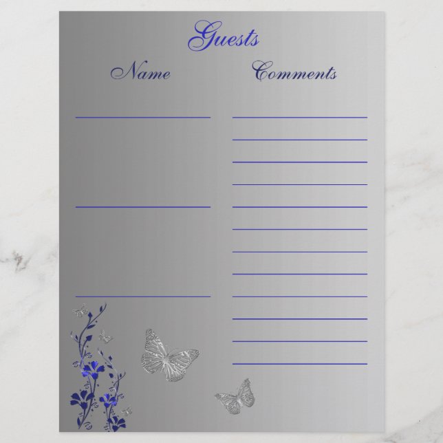 Blue Gray Butterfly Floral Guest Book Paper (Front)