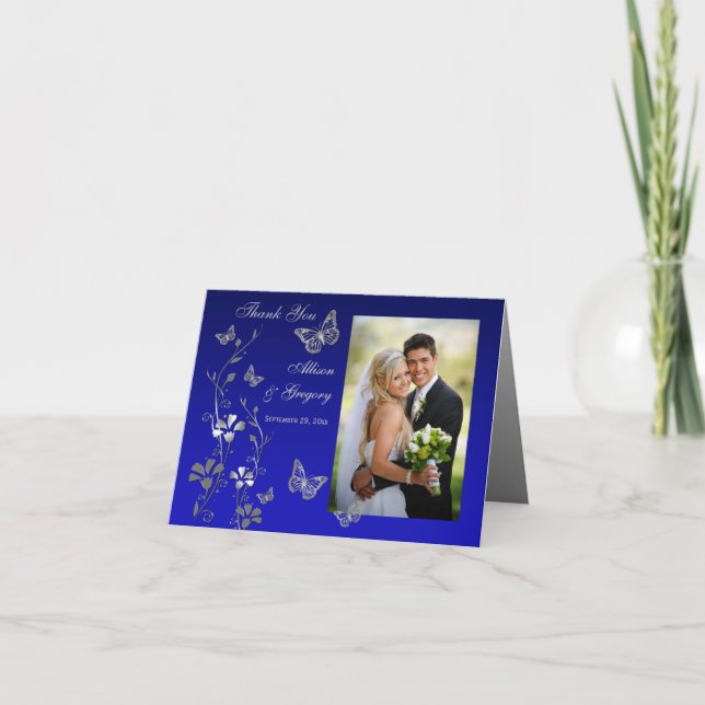 Blue, Gray Butterfly Floral Photo Thank You Card (Front)