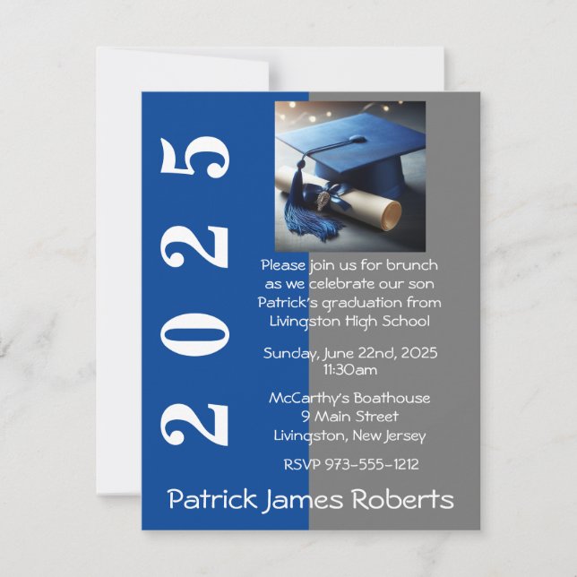 Blue & Gray Cap Design Graduation Invitation (Front)
