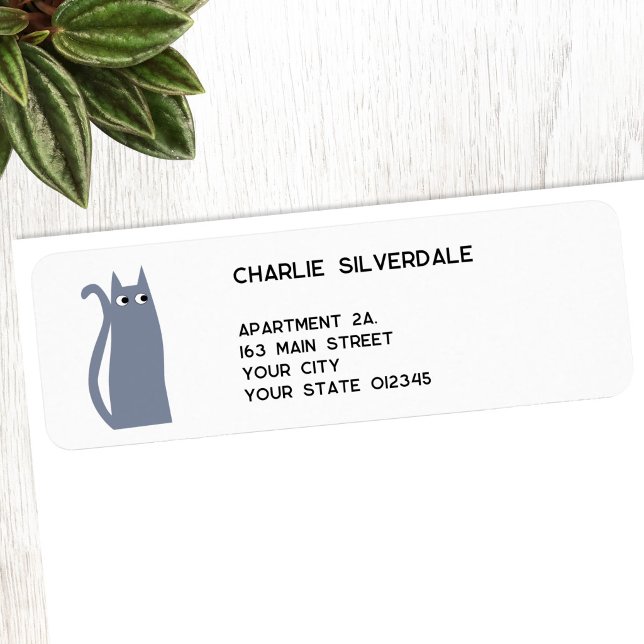 Blue Gray Cat Return Address Label (Fun blue gray grey kitty cat personalized return address label)