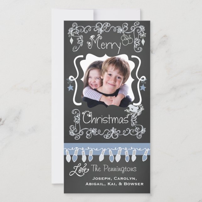 Blue/Gray Chalkboard Merry Christmas Photo Card (Front)