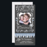 Blue/Gray Chalkboard Merry Christmas Photo Card<br><div class="desc">Merry Christmas holiday photo cards with a chalkboard look background, lots of gray swirls and text that reads Merry Christmas, a string of tree lights in blue and gray, gray and blue hanging ornaments, and areas you can customize these beautiful and bright holiday photo cards with your photo and names!...</div>