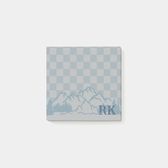 Blue Gray Check Pattern Rustic Mountains Monogram Post-it Notes (Front)