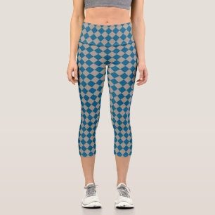 Blue Gray Checker Diamond Pattern Capri Leggings