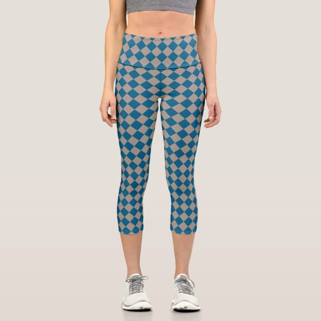 Blue Gray Checker Diamond Pattern Capri Leggings (Front)