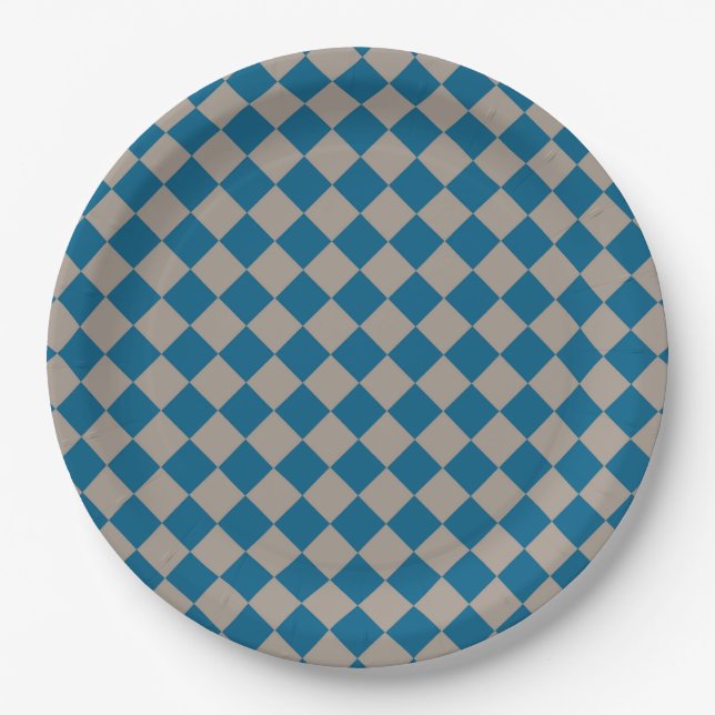 Blue Gray Checker Diamond Pattern Paper Plates (Front)
