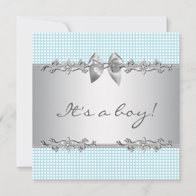 Blue Gray Checks Boy Shower Invitation (Front)