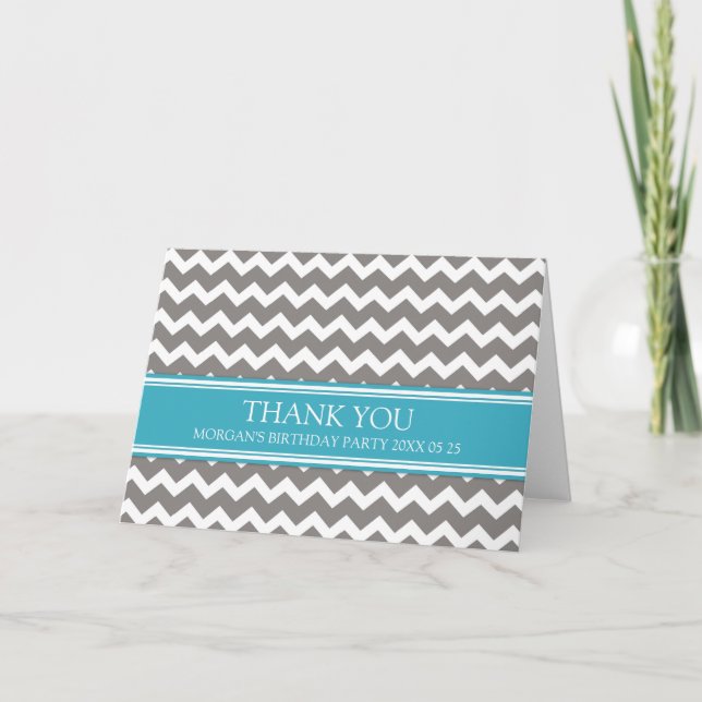 Blue Gray Chevron Birthday Party Thank You Card (Front)