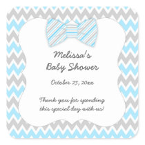 Blue Gray Chevron bow tie boy baby shower favor Square Sticker