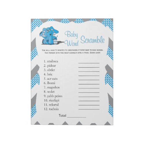 Blue  Gray Chevron Elephant Baby Word Game 2 Notepad