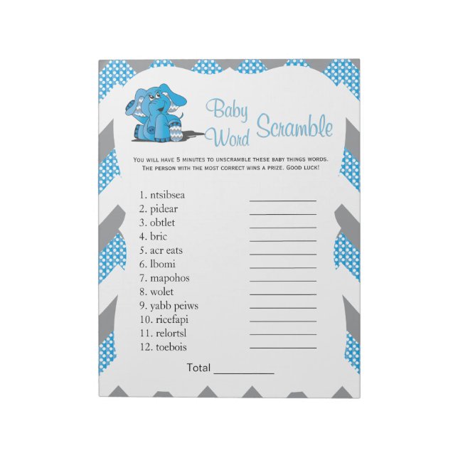 Blue & Gray Chevron Elephant Baby Word Game 2 Notepad (Rotated)