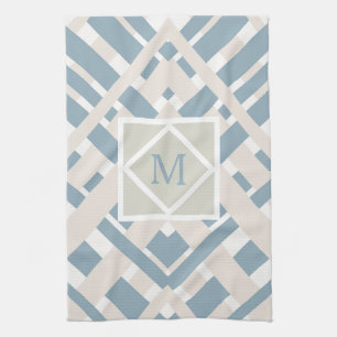 Blue Gray Chevron Geometric Design with Monogram Kitchen Towel
