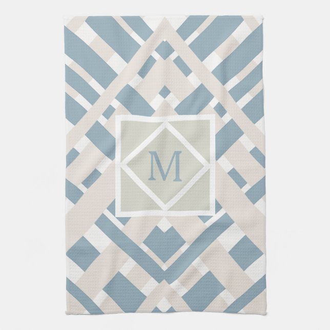 Blue Gray Chevron Geometric Design with Monogram Kitchen Towel (Vertical)