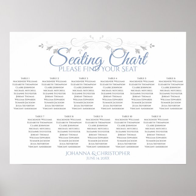 Blue Gray Chic 11 Table Wedding Seating Chart (Front)