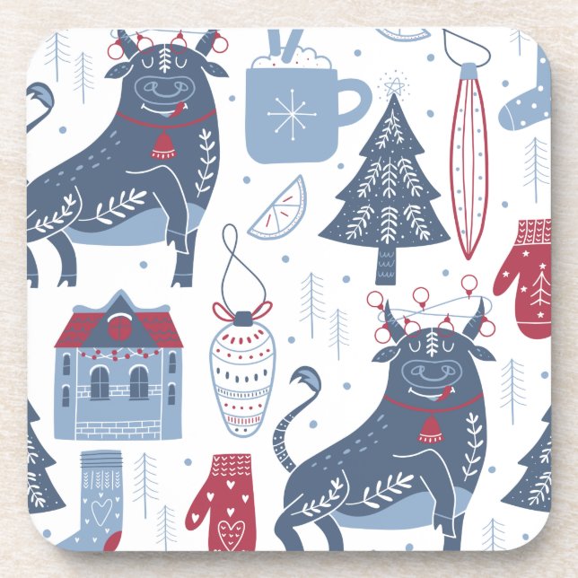 Blue Gray Christmas Elements Pattern  Beverage Coaster (Front)