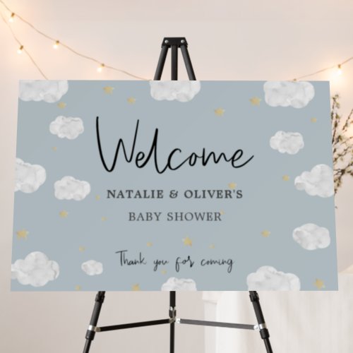 Blue Gray Clouds Stars Baby Shower Welcome Sign
