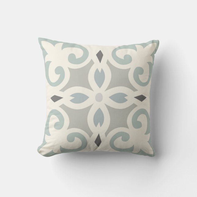Blue, Gray & Cream Patterned Neutral Throw Pillow (Front)