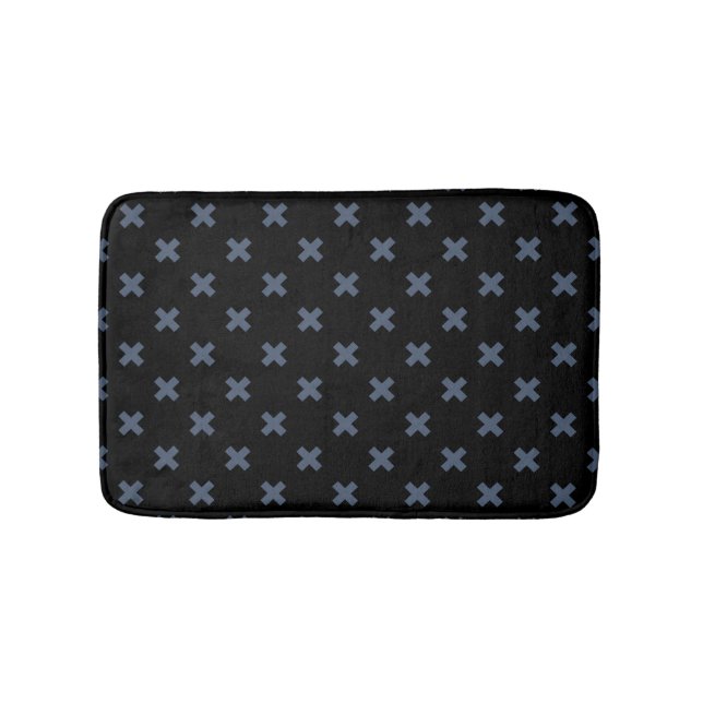 Blue-gray cross stitches on black bath mat (Front)