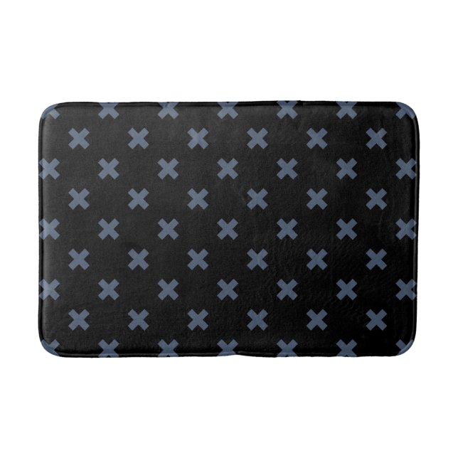 Blue-gray cross stitches on black bath mat (Front)