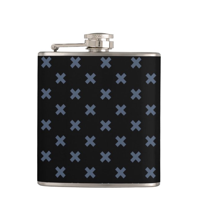 Blue-gray cross stitches on black flask (Front)