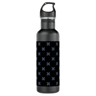 Blue-gray cross stitches on black stainless steel water bottle