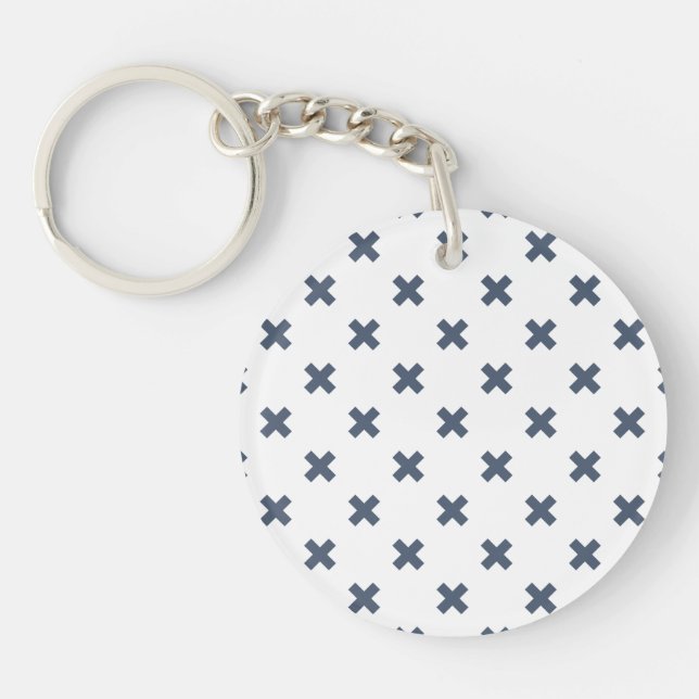 Blue-gray cross stitches on white keychain (Front)