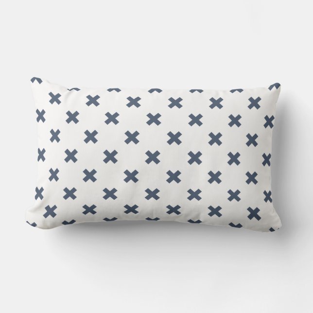 Blue-gray cross stitches on white lumbar pillow (Front)