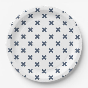 Blue-gray cross stitches on white paper plates