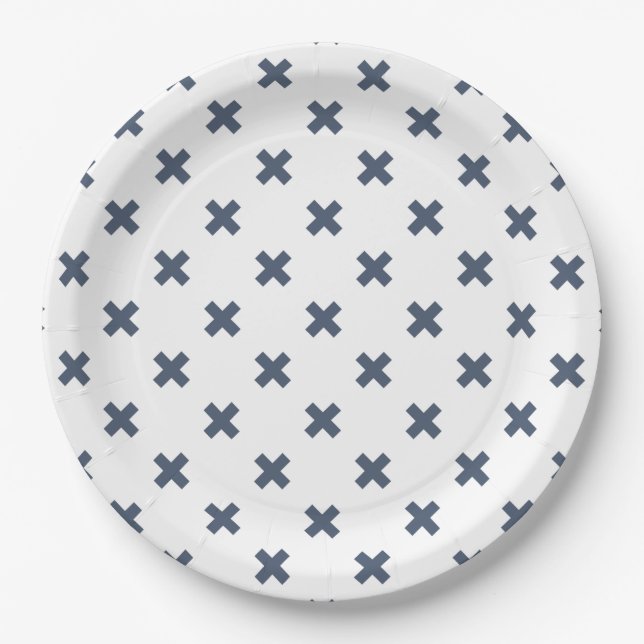 Blue-gray cross stitches on white paper plates (Front)