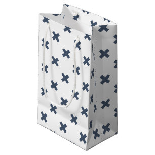 Blue-gray cross stitches on white small gift bag