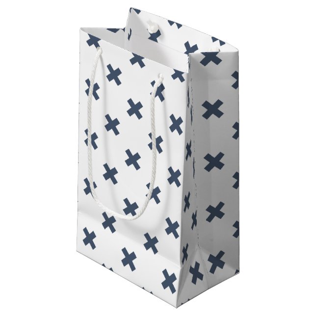 Blue-gray cross stitches on white small gift bag (Front Angled)
