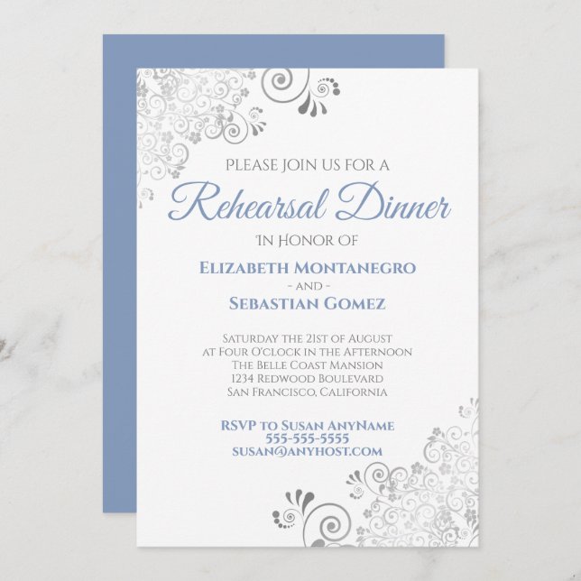 Blue & Gray Curls Wedding Rehearsal Dinner Invitation (Front/Back)