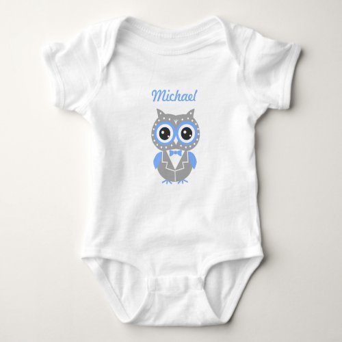 Blue  Gray Cute Baby Owl Baby Boy Jersey Bodysuit