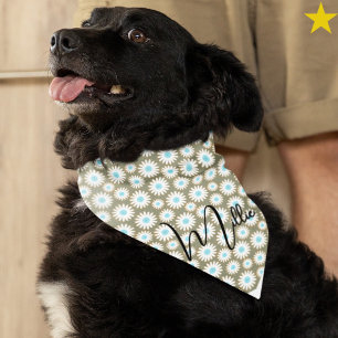 Blue Gray Daisy Cursive Custom Name Pet Bandana