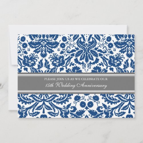 Blue Gray Damask 15th Anniversary Invitation