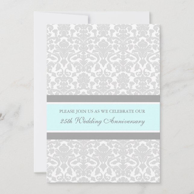 Blue Gray Damask 25th Anniversary Party Invitation (Front)