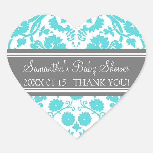 Blue Gray Damask Baby Shower Favor Stickers (Front)